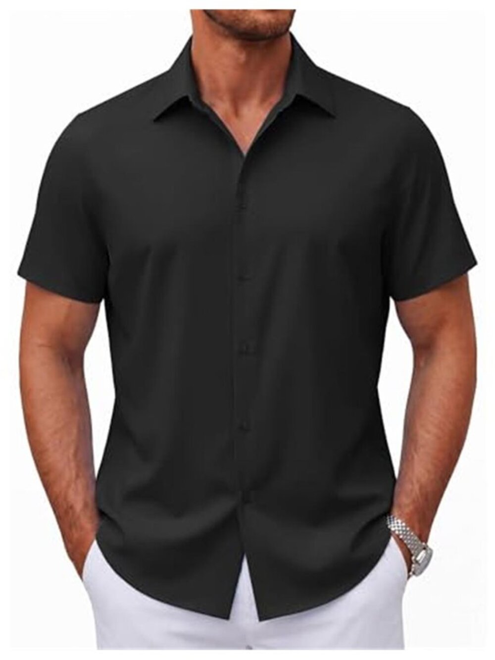Mens Short Sleeve Button Down Shirt Casual Dress Office Summer Stretch Top